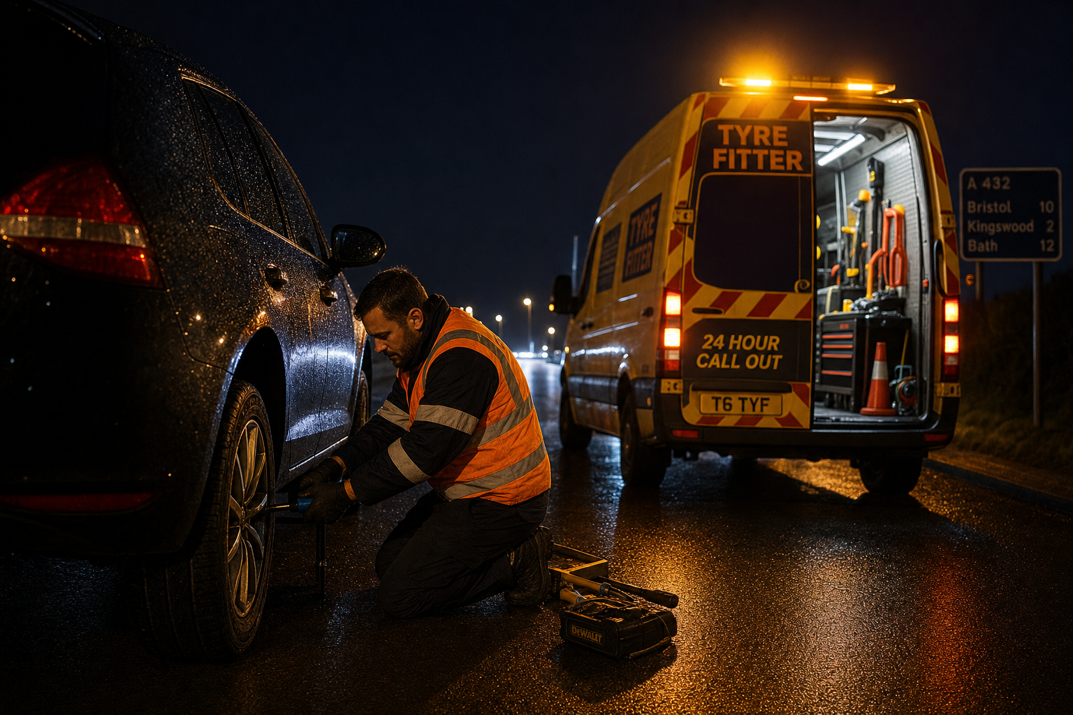 Emergency mobile tyre fitter working at night on a UK roadside